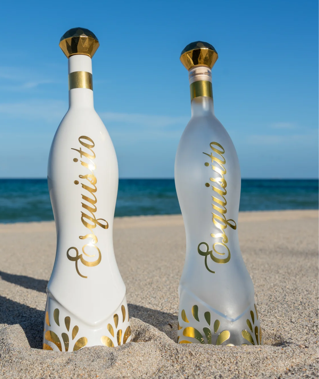 Two 'Exquisito Premium Tequila' bottles on a sandy beach with ocean in the background
