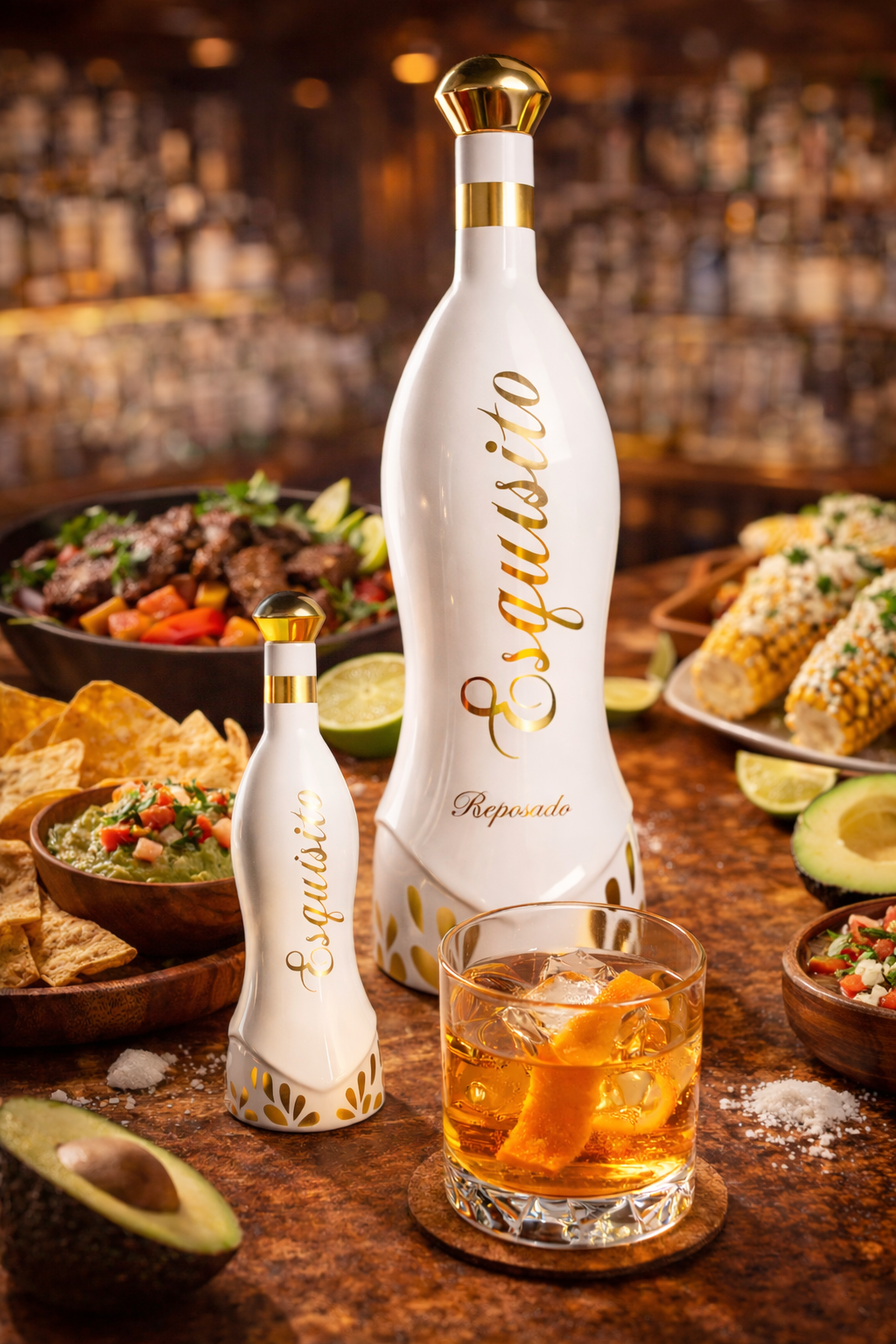 Two bottles of Esquisito Reposado tequila on a bar counter with a glass of tequila and snacks.