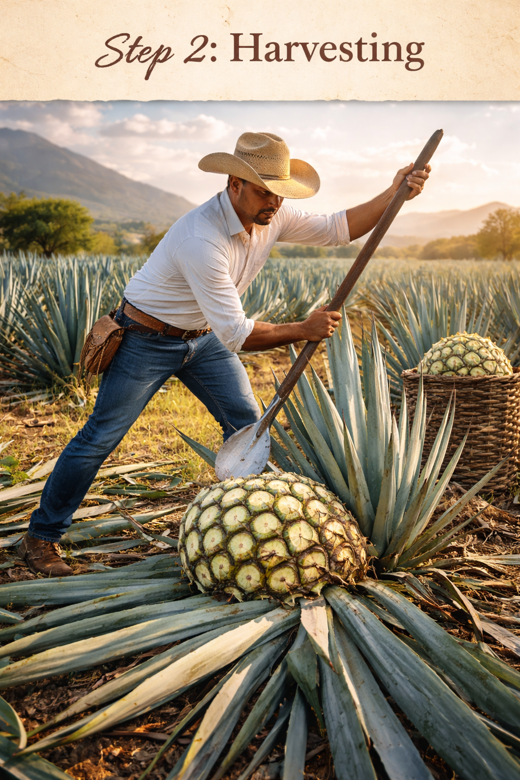 Man harvesting agave plants with text 'Step 2: Harvesting' in a field.
