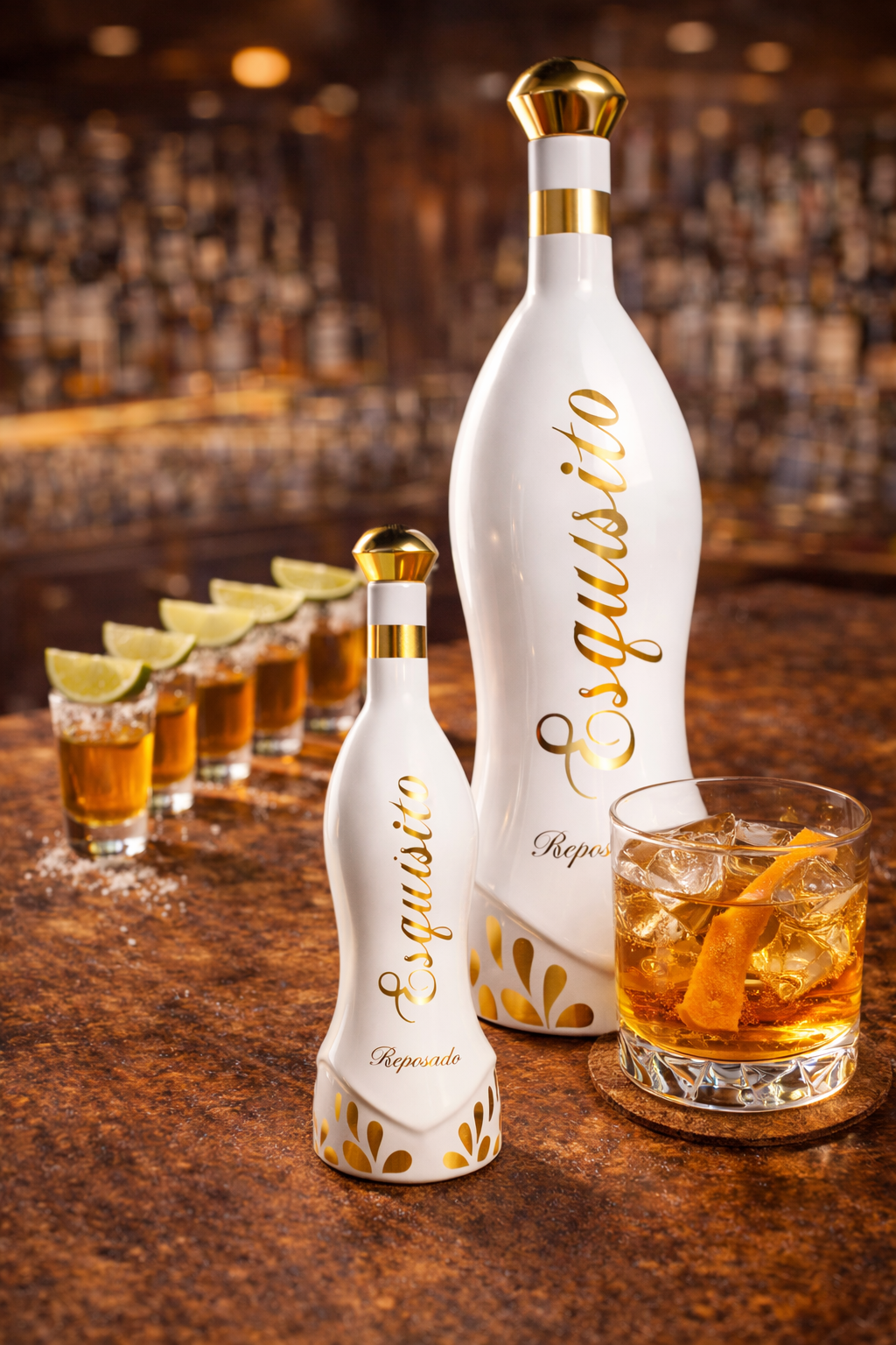 Two 'Esquisito' bottles with cocktails on a bar counter