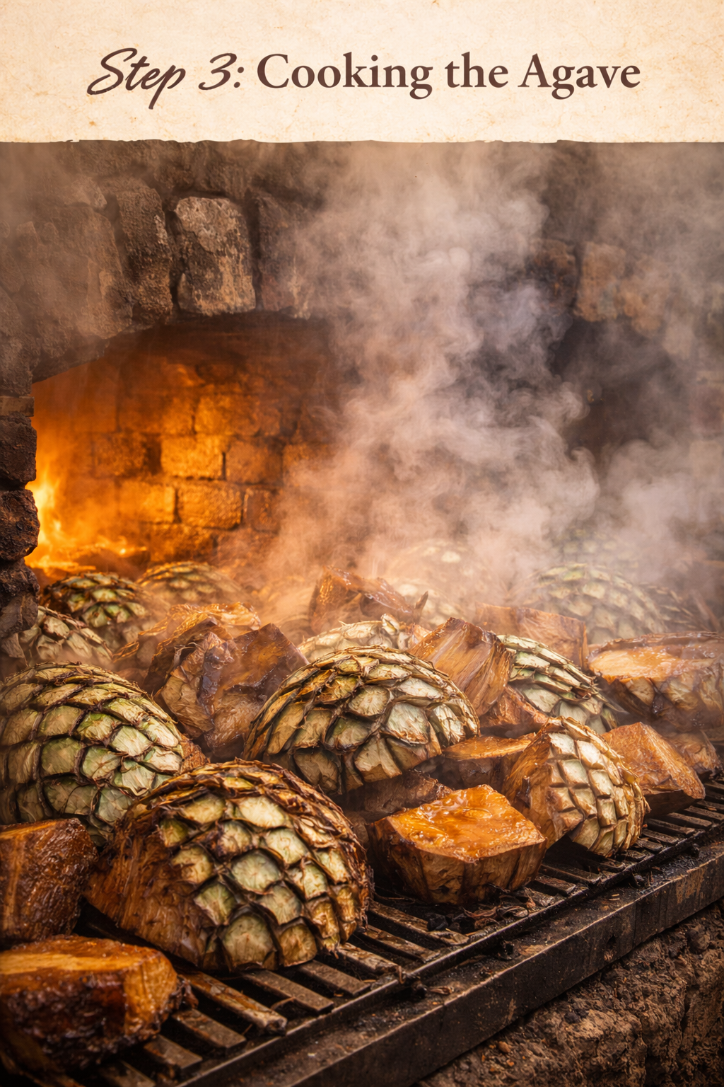 Cooking agave plants over a stone fire with text 'Step 3: Cooking the Agave'.