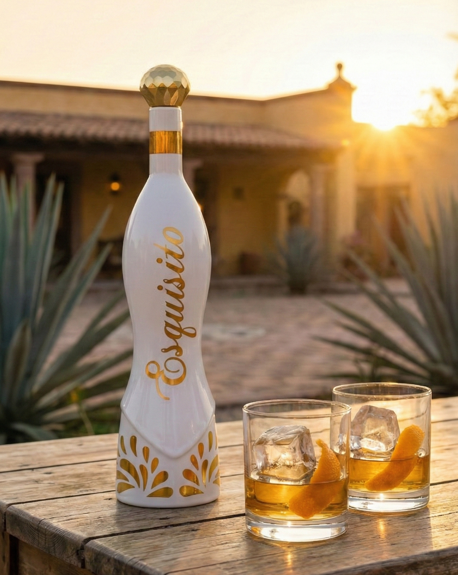 Esquisito bottle with two glasses of whiskey on a wooden table outdoors.
