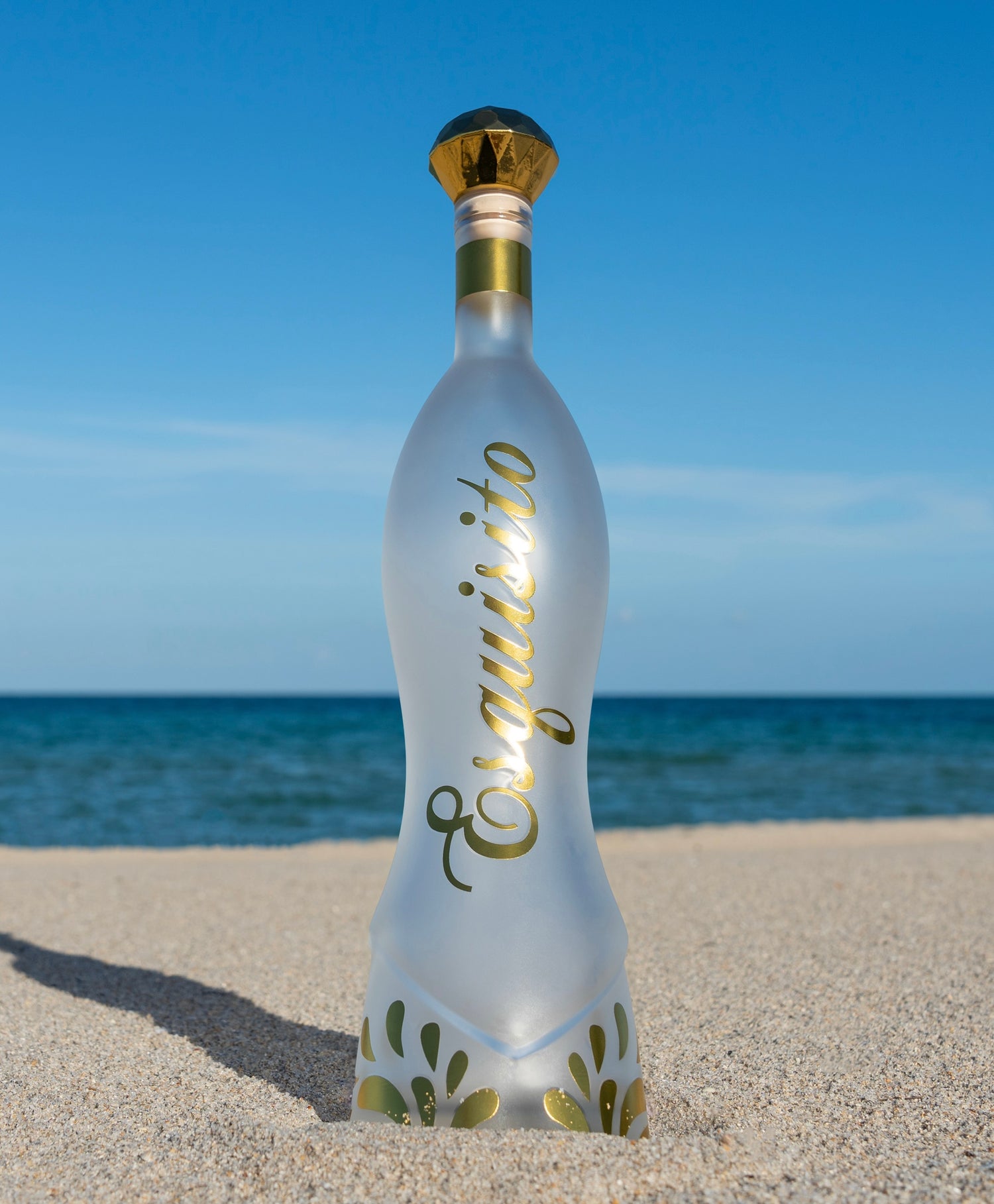 Bottle with gold text and design on a beach with ocean background