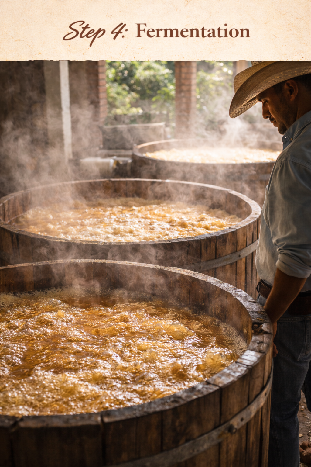 Person observing large wooden fermentation vats with liquid inside, labeled 'Step 4: Fermentation'.