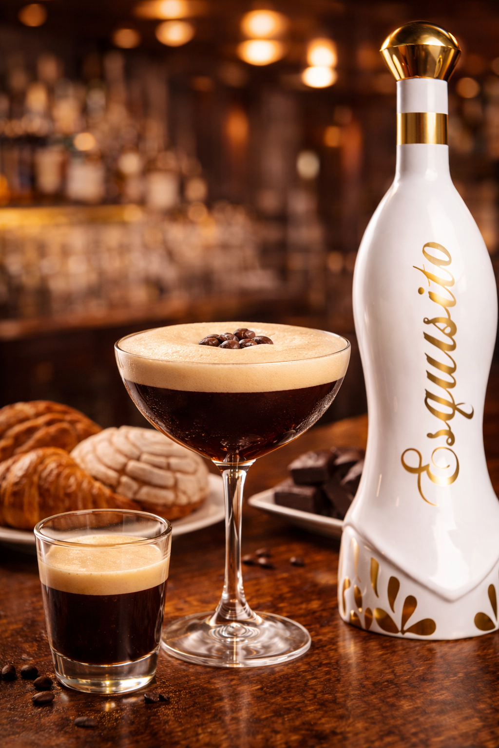 Esquisito bottle with a cocktail and shot on a bar counter