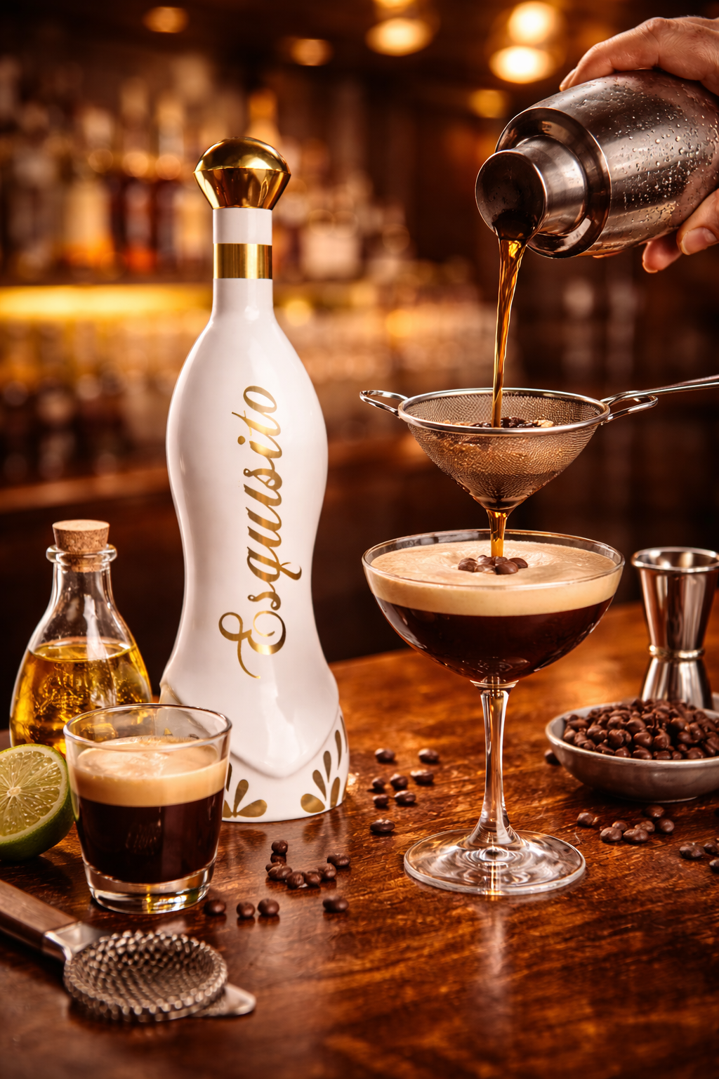 Bar scene with 'Esquisito' bottle, cocktail being poured, and bar tools on a wooden surface.
