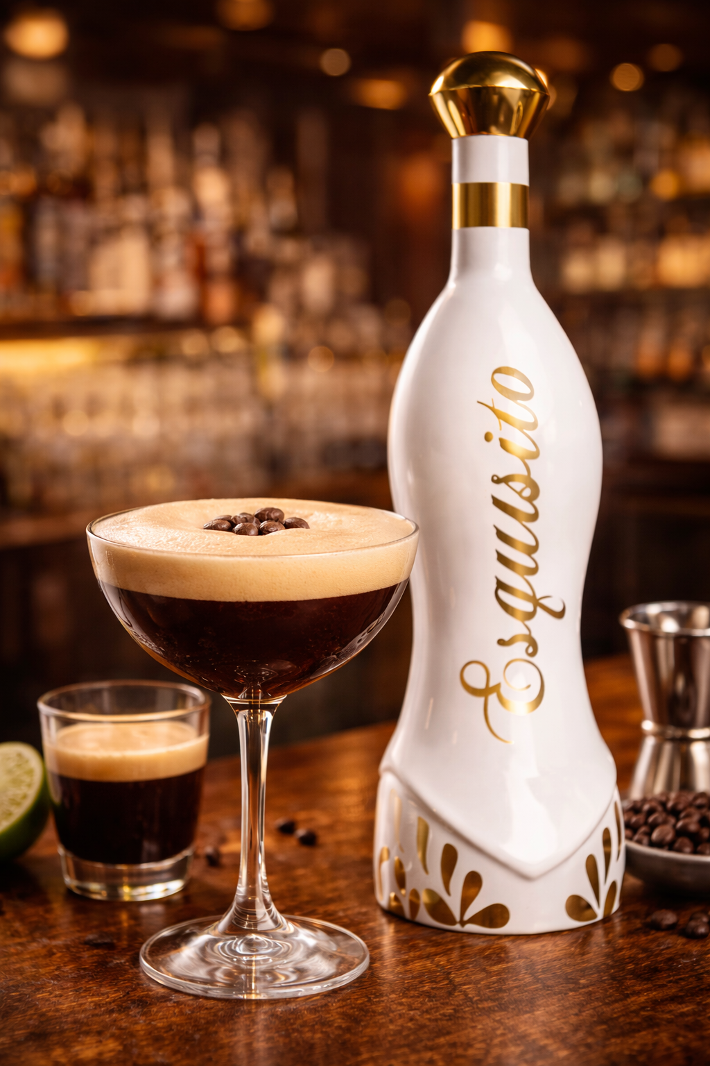 Bottle of 'Esquisto' with a cocktail and bar setting